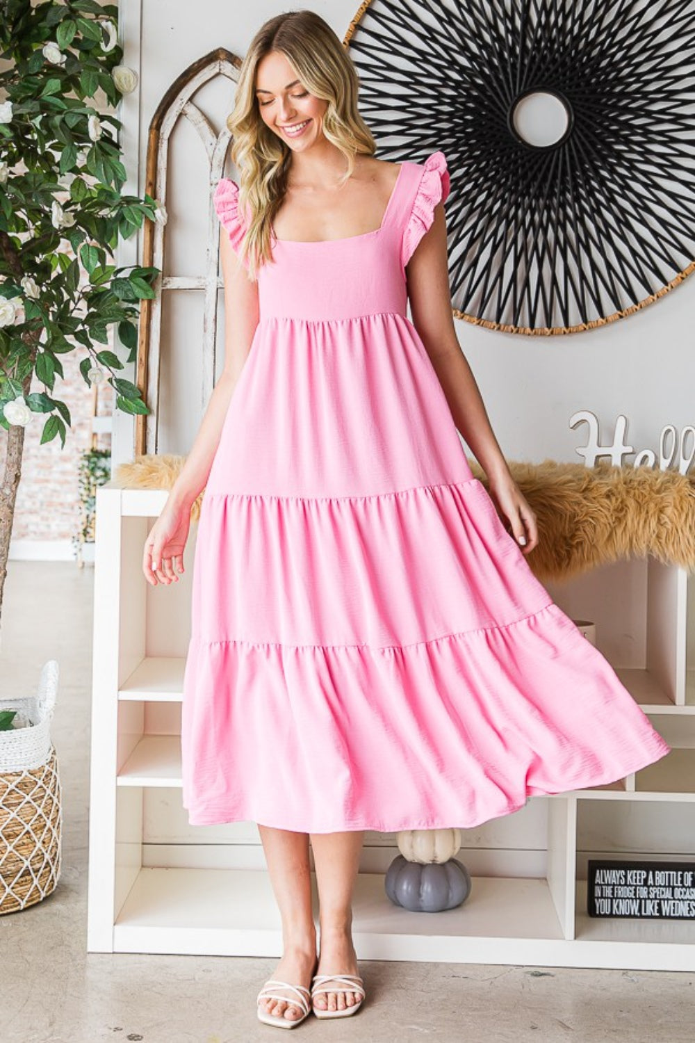 tiered midi dress pink Reborn J Ruffled Sleeveless Tiered Midi Dress