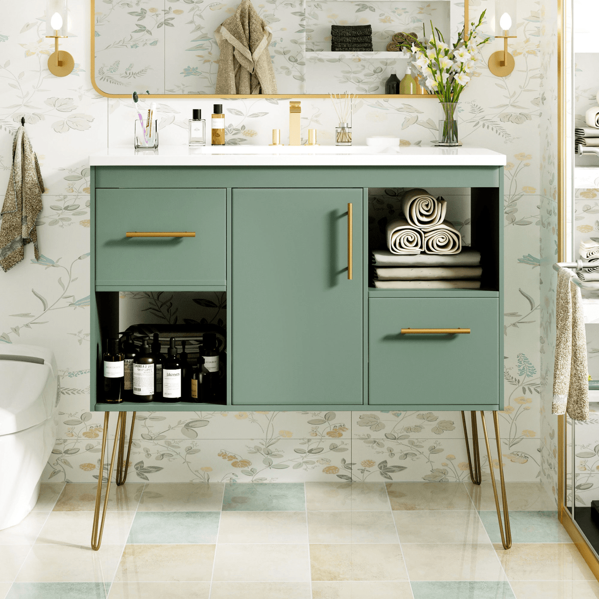 36'' Bathroom Vanity with Resin Sink Combo Set, Modern Freestanding Single Bathroom Cabinet with 2 Drawers & 2 Storage Compartments, Storage Cabinet for Bathroom, Solid Wood Frame Vanity Set, Green - Mervyns