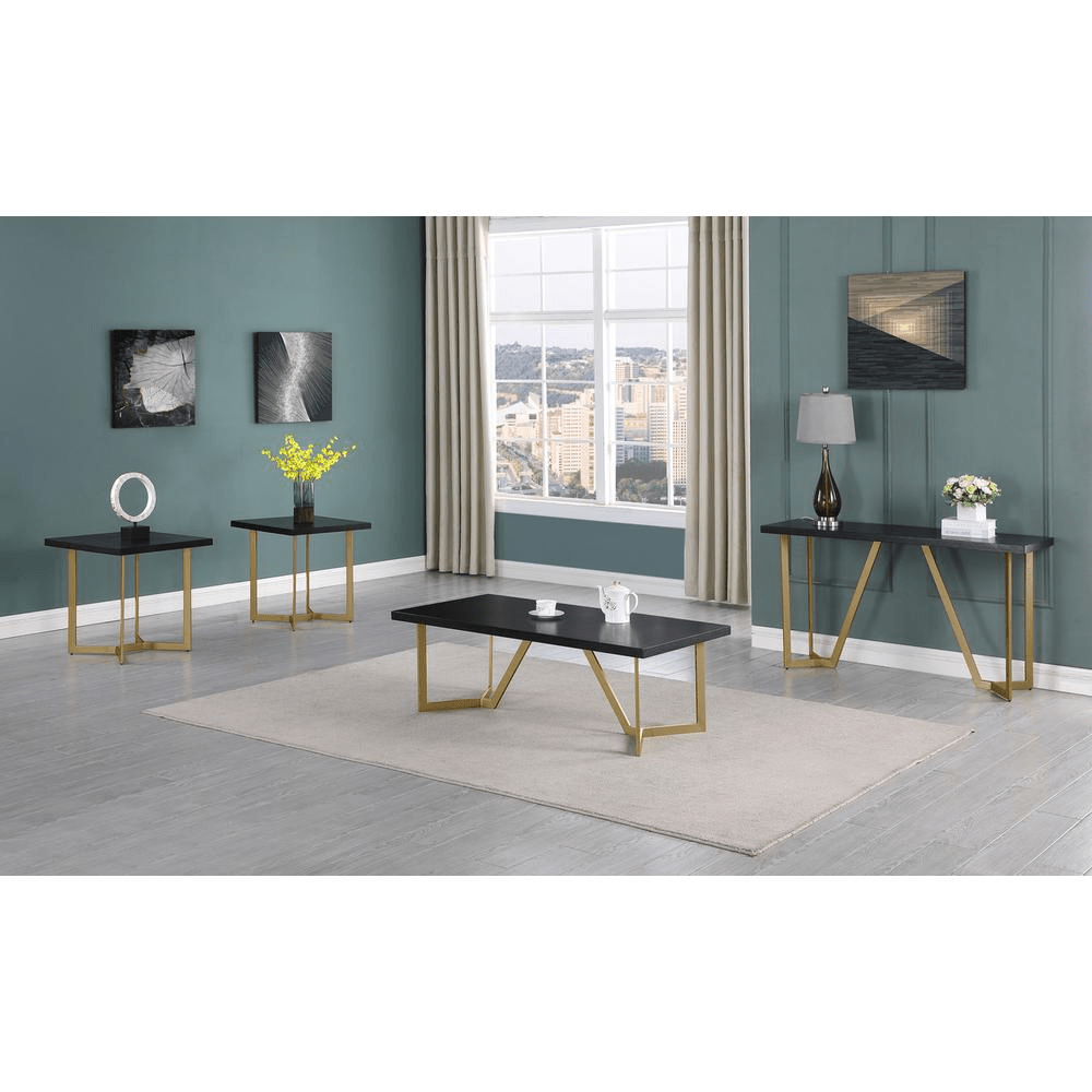 4pc Black wood top coffee table set w/ gold color iron base (1 coffee+2End+1console table) - Mervyns