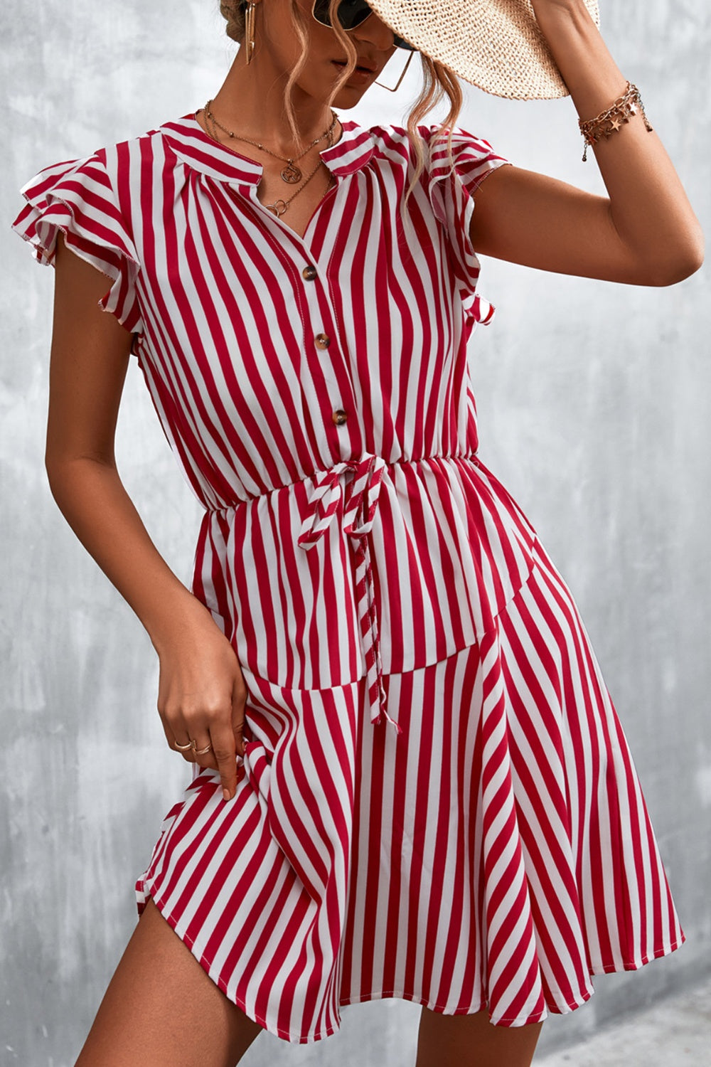 red and white striped mini dress Ruffled Striped Cap Sleeve Mini Dress