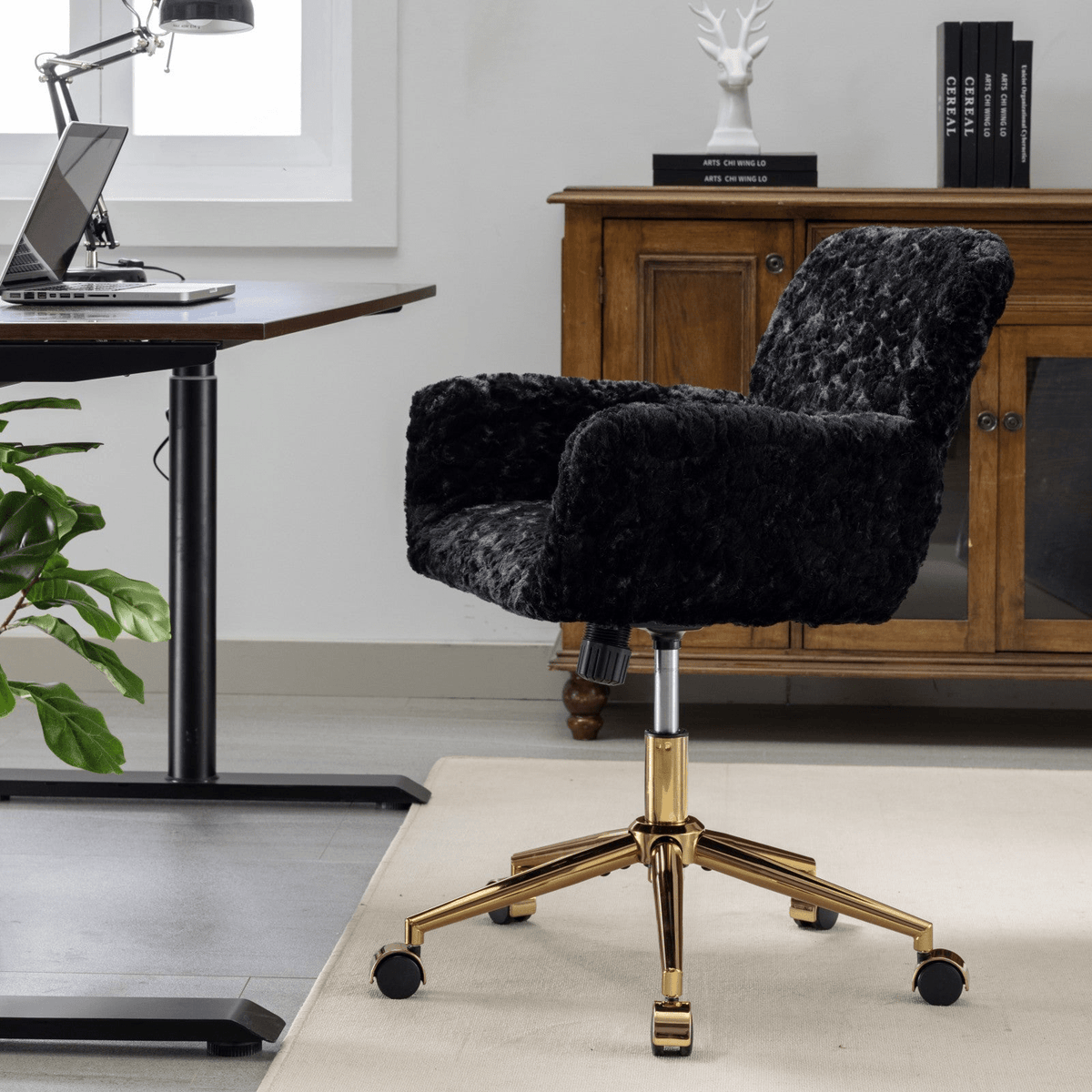 Artificial Rabbit Hair Office Chair with Golden Metal Base, Adjustable Swivel Chair - Mervyns