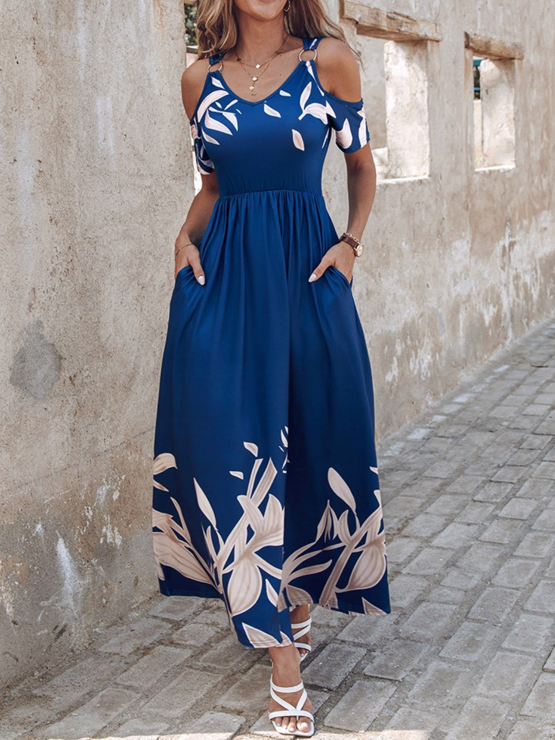 Printed Cold Shoulder Short Sleeve Maxi Dress Printed Cold Shoulder Short Sleeve Maxi Dress