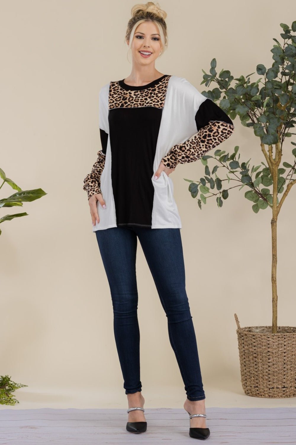Celeste Full Size Leopard Color Block Exposed Seam T-Shirt - Mervyns