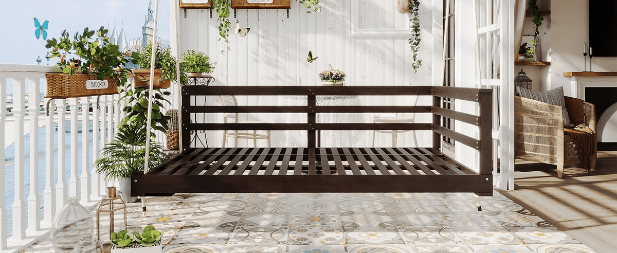 Country Patio Wooden Swing Daybed Porch Swing Frame with Hemp Ropes for Backyard Garden - Mervyns