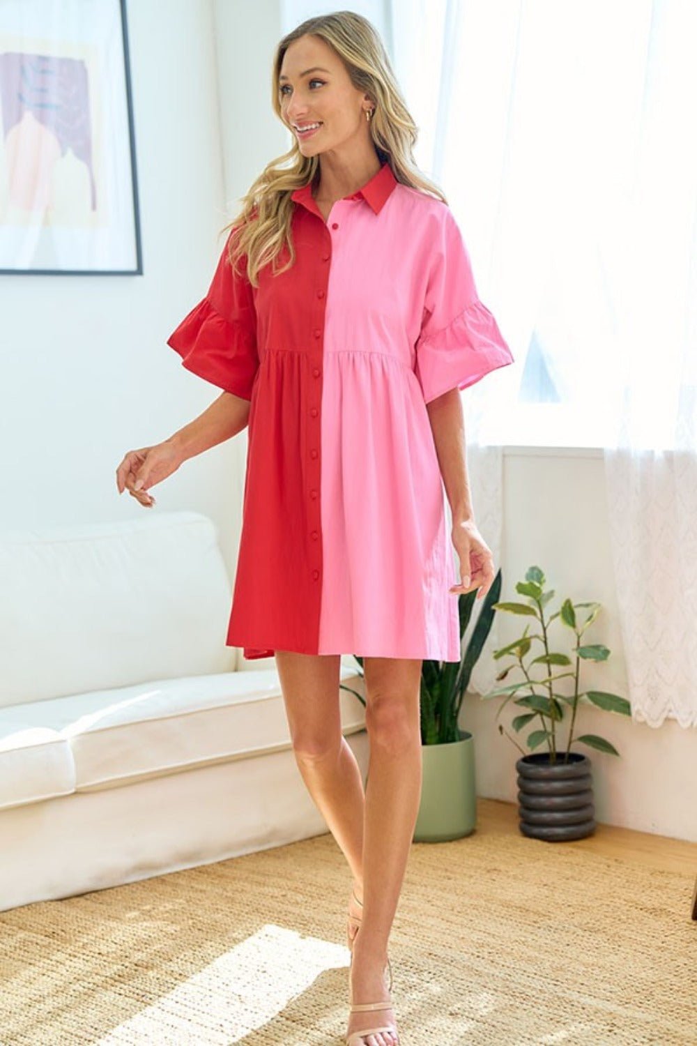First Love Full Size Color Blocked Button Down Babydoll Dress - Mervyns