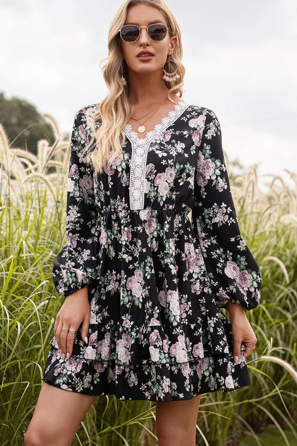 Floral Lace Trim Long Sleeve Dress Floral Lace Trim Long Sleeve Dress