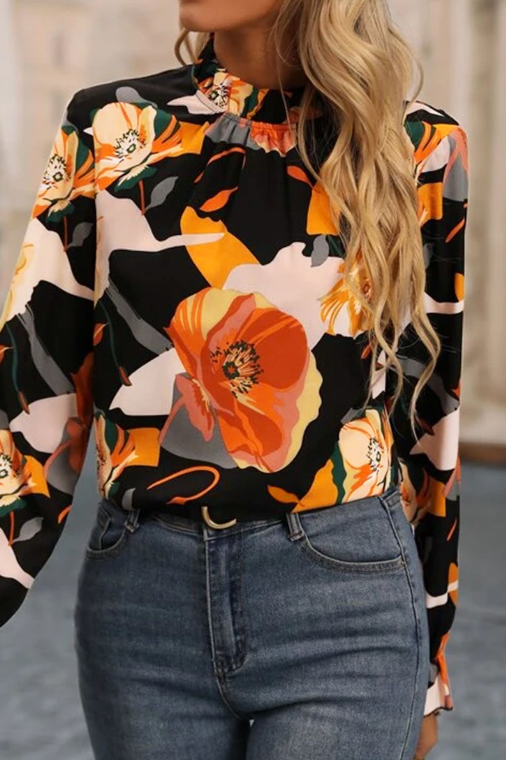 Floral Mock Neck Flounce Sleeve Blouse - Mervyns