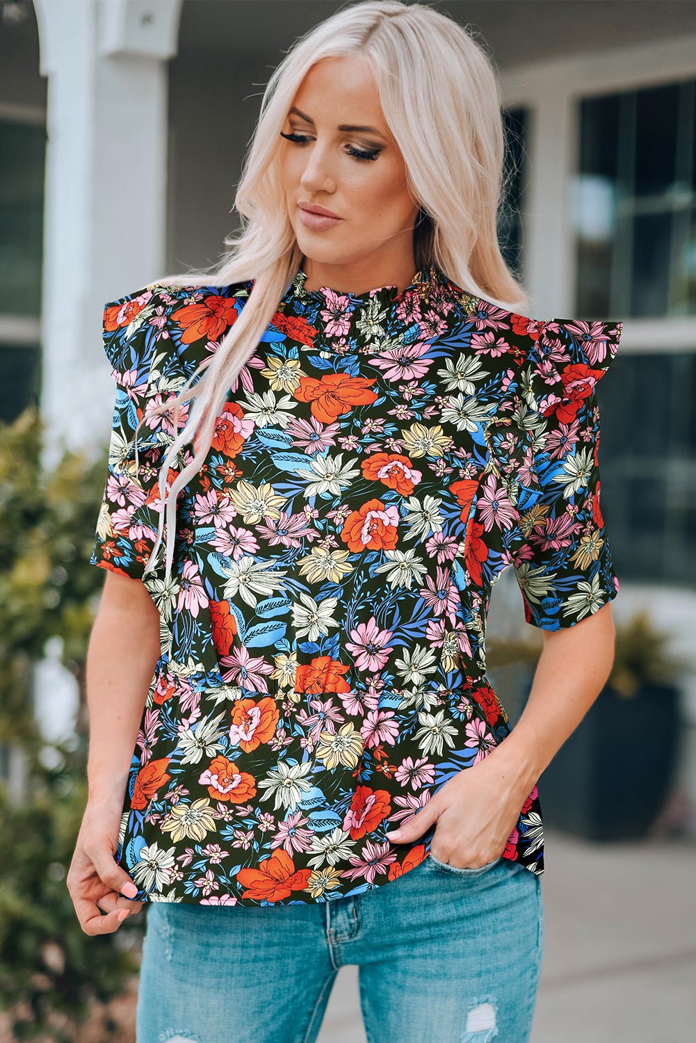 Floral Ruffle Shoulder Frill Neck Blouse Mervyns