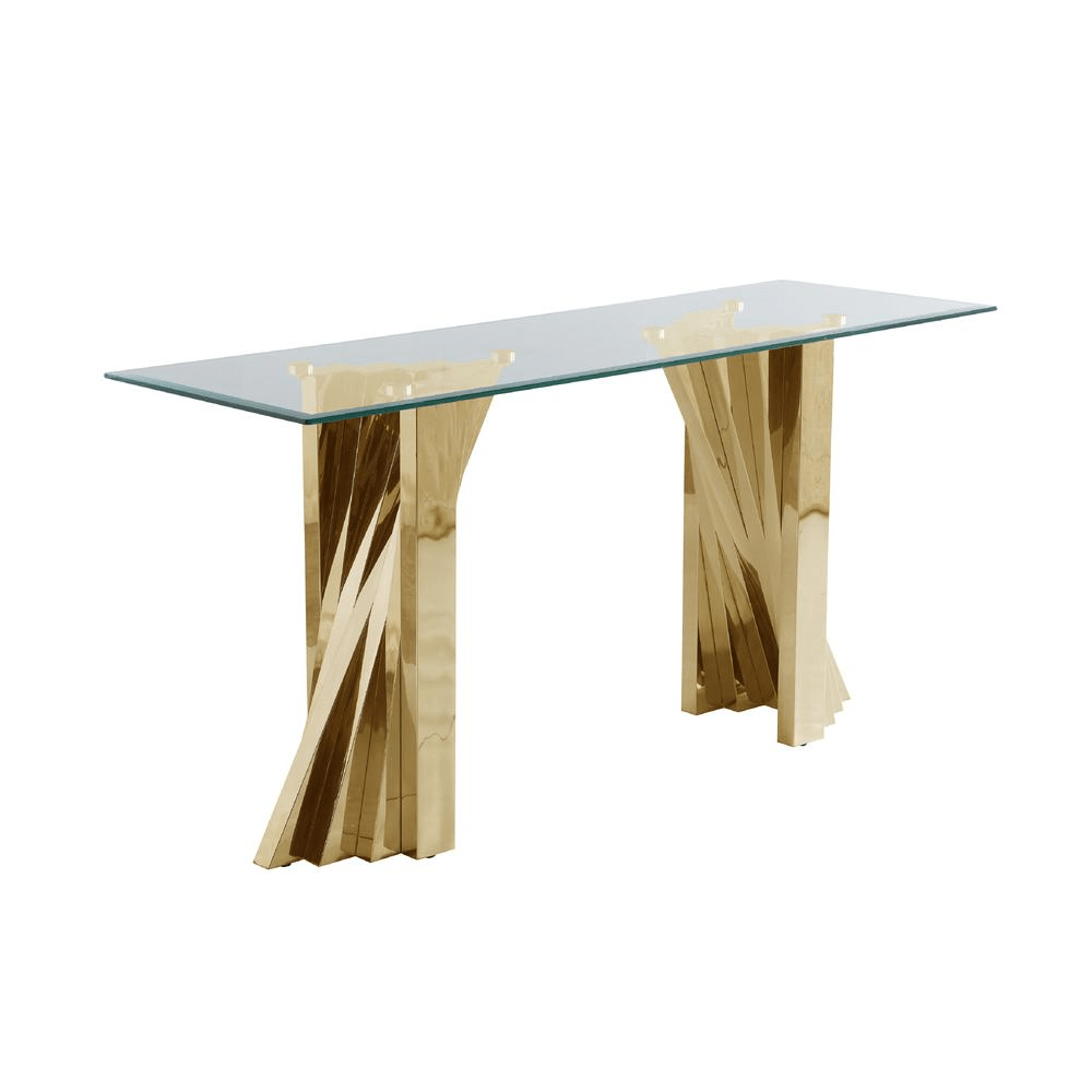 Glass Console Table with Stainless Steel Double Gold Base - Mervyns