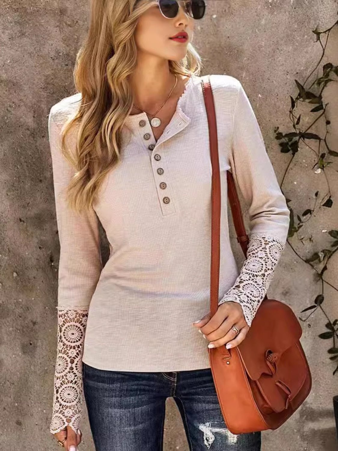 Lace Detail Half Button Round Neck Long Sleeve T-Shirt - Mervyns