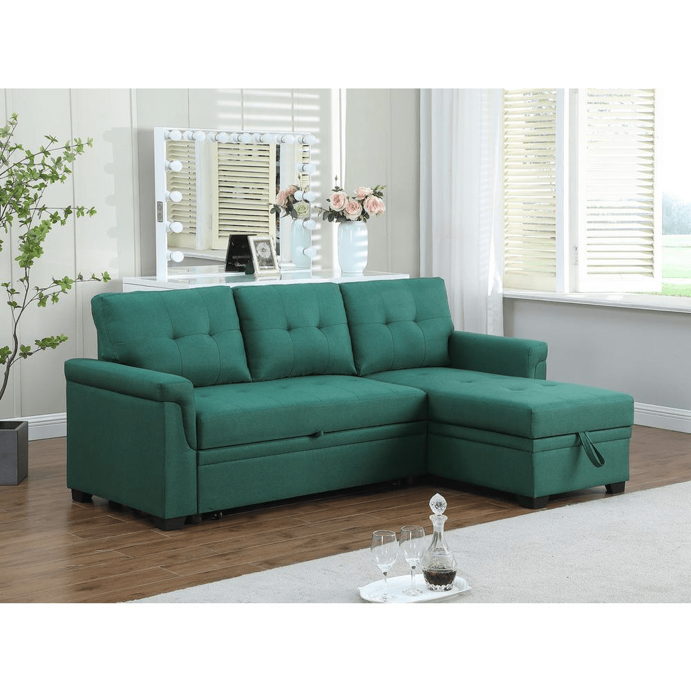 Lucca Green Linen Reversible Sleeper Sectional Sofa with Storage Chaise - Mervyns