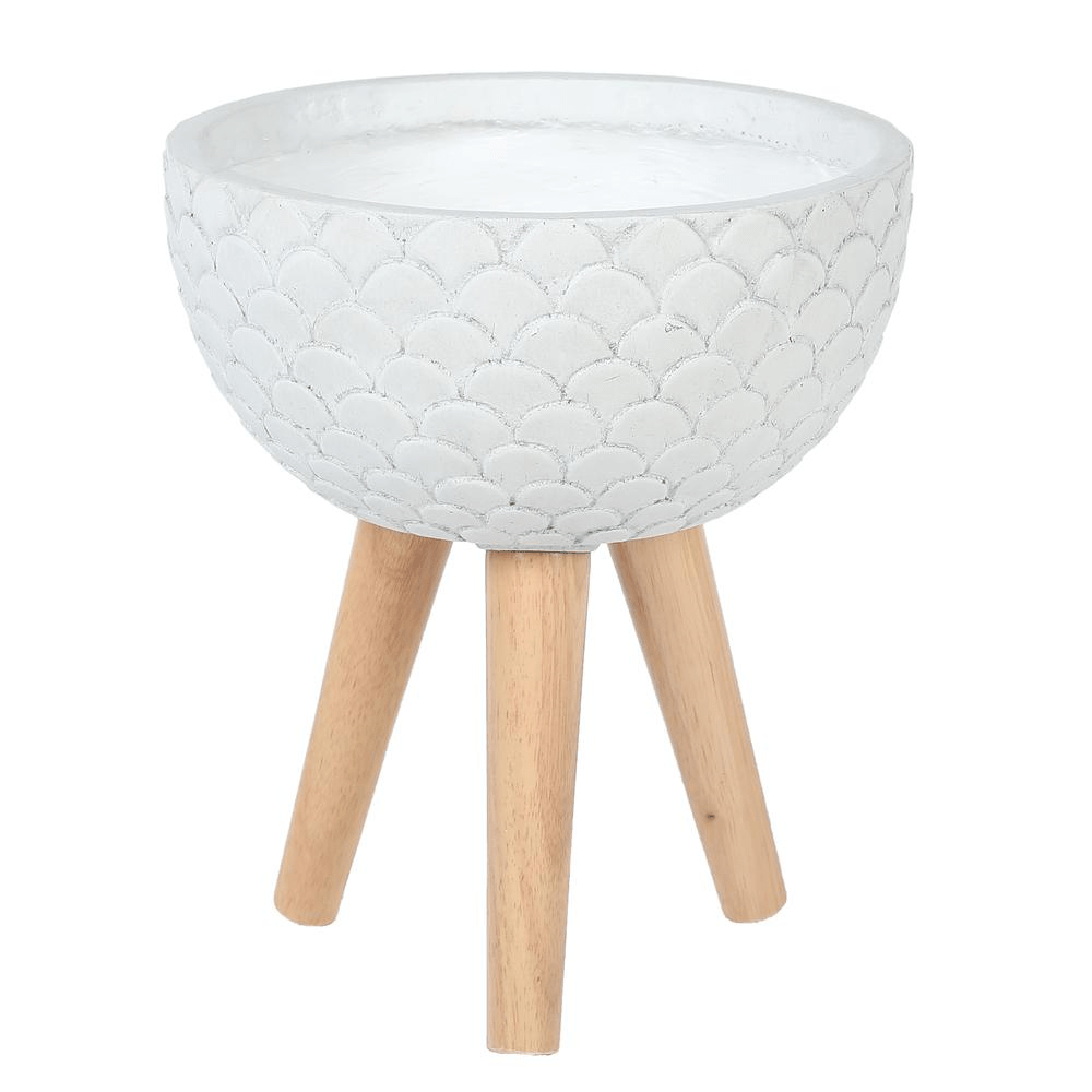 white plant pot with wooden legs LuxenHome Scallop Embossed White 12.2 in. Round MgO Planter with Wood Legs