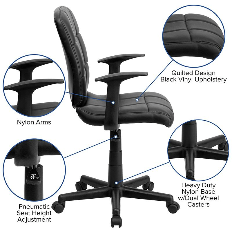 Mid - Back Black Quilted Vinyl Swivel Task Office Chair with Arms - Mervyns