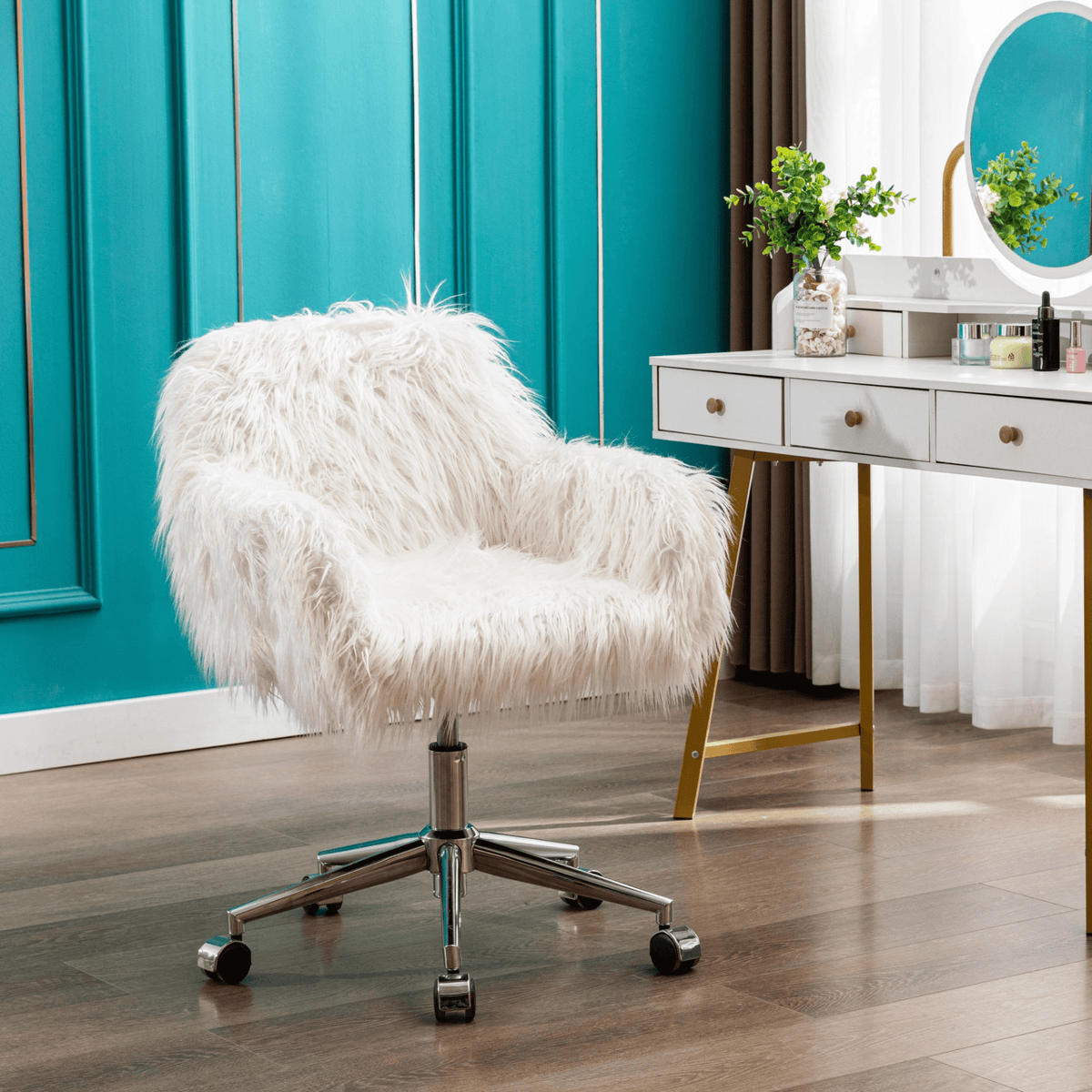 Modern Faux Fur Home Office and Makeup Vanity Chair with Gold Base - Mervyns