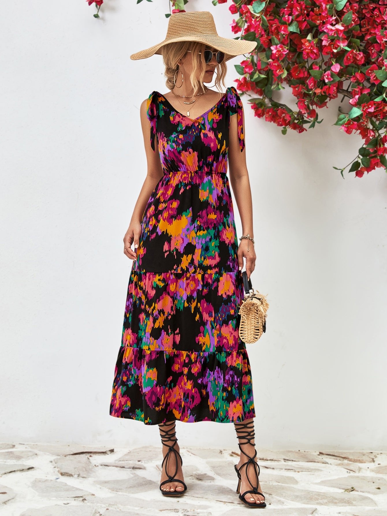 multi coloured midi dress Multicolored V-Neck Backless Midi Dress