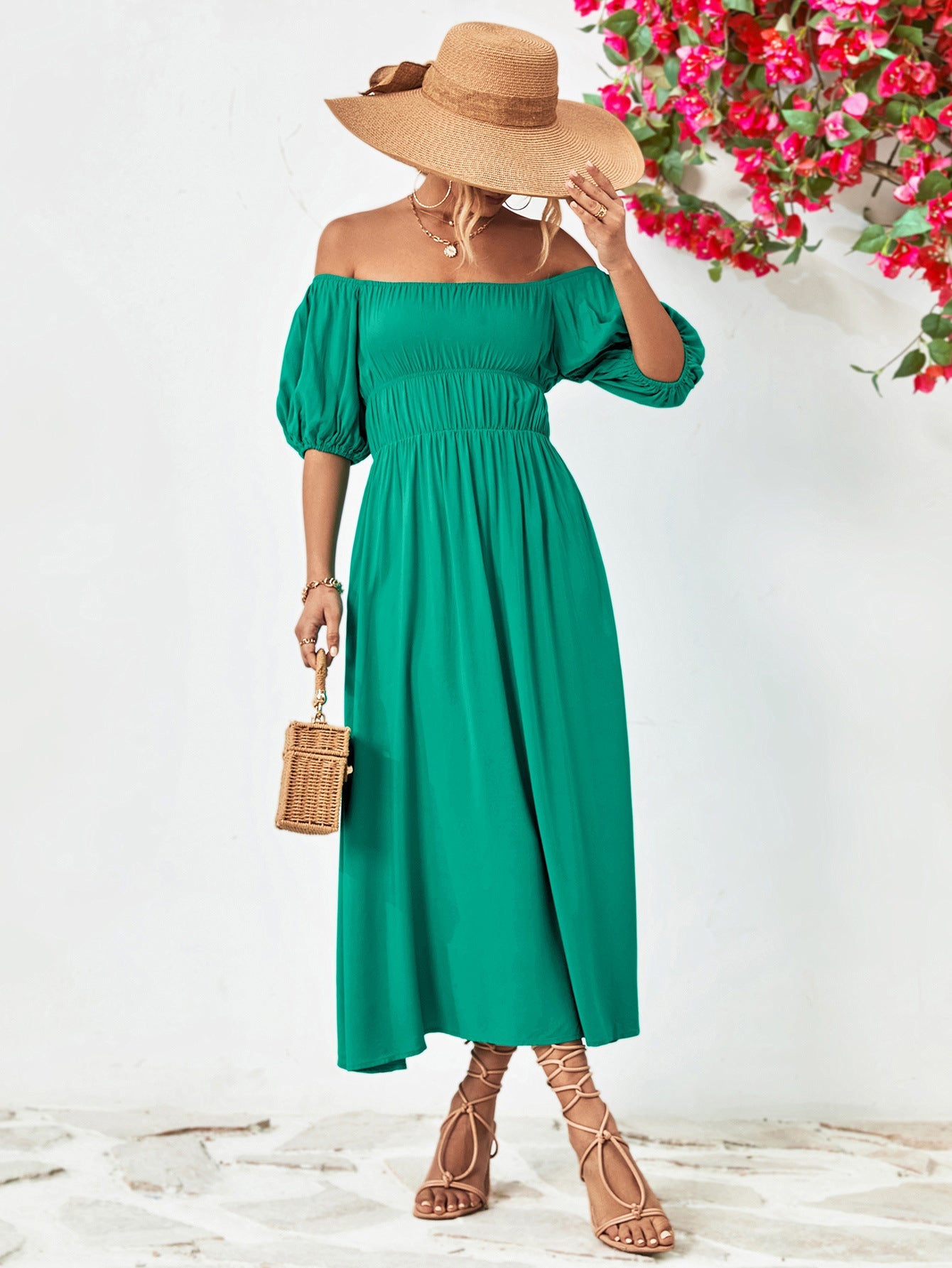 Off-Shoulder Balloon Sleeve Midi Dress Off-Shoulder Balloon Sleeve Midi Dress