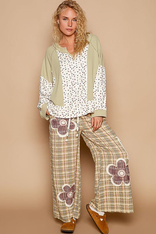 POL Waffle Knit Floral Notched Long Sleeve Top - Mervyns