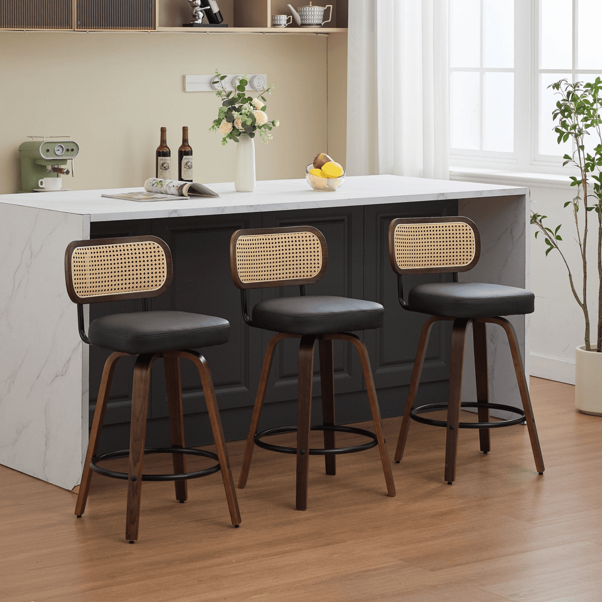 Rattan Counter Height Swivel Stools with Cane Back and Upholstered Seat for Kitchen - Mervyns