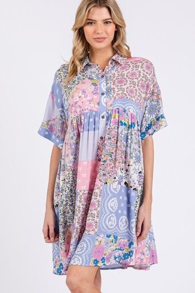 SAGE + FIG Floral Collared Neck Half Sleeve Mini Shirt Dress - Mervyns