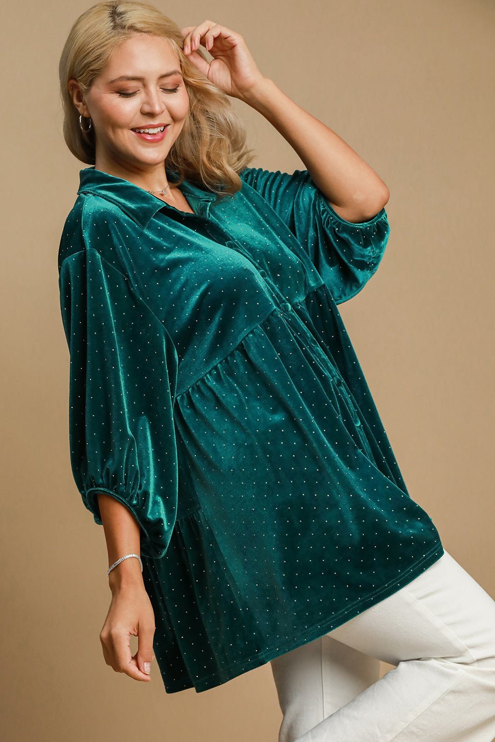 Umgee Full Size Polka Dot Collared Neck Button Up Shirt - Mervyns