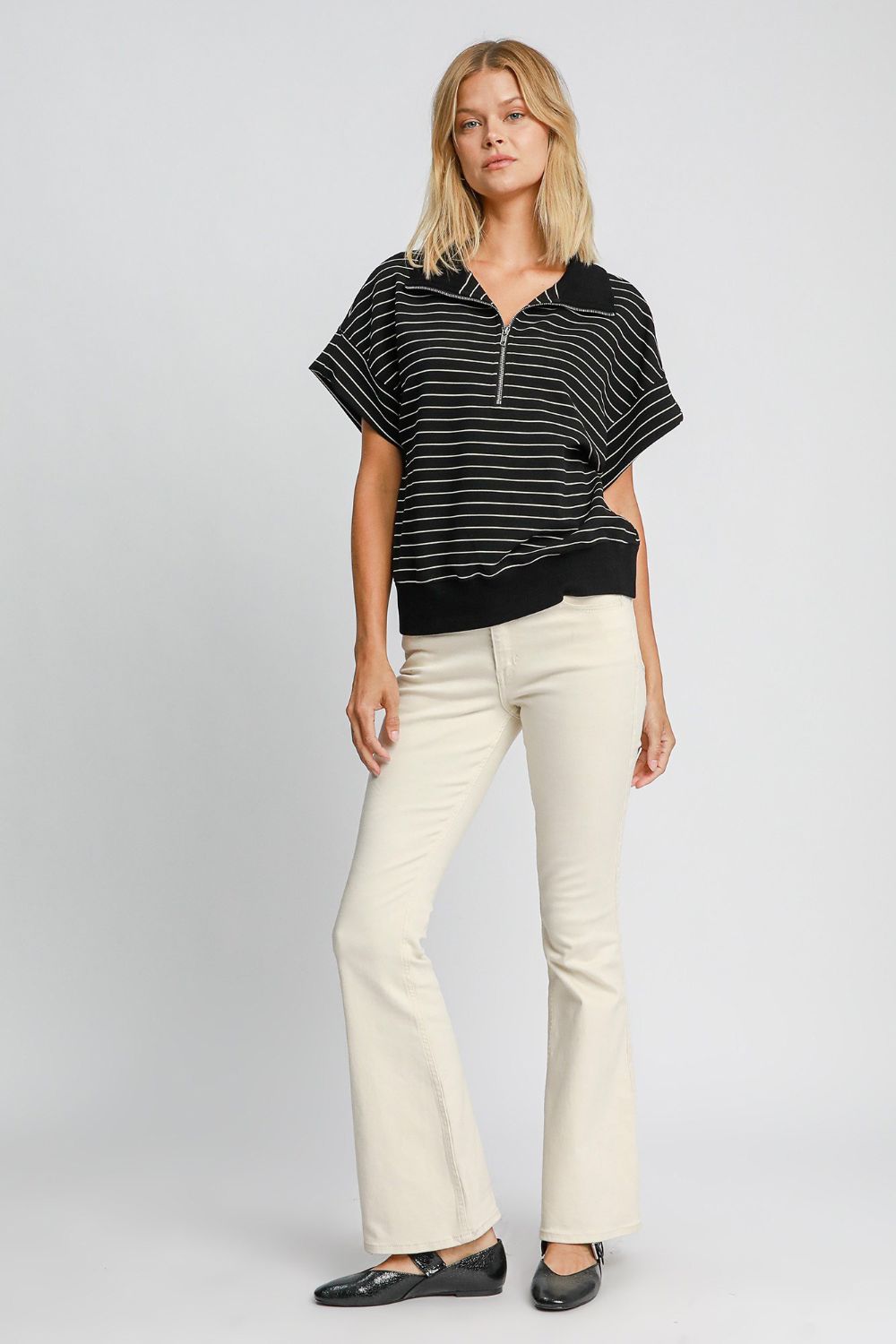 Umgee Striped Half Zip Short Sleeve Sweatshirt - Mervyns