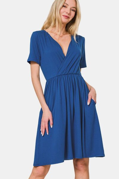 Zenana Surplice Short Sleeve Brushed DTY Dress - Mervyns