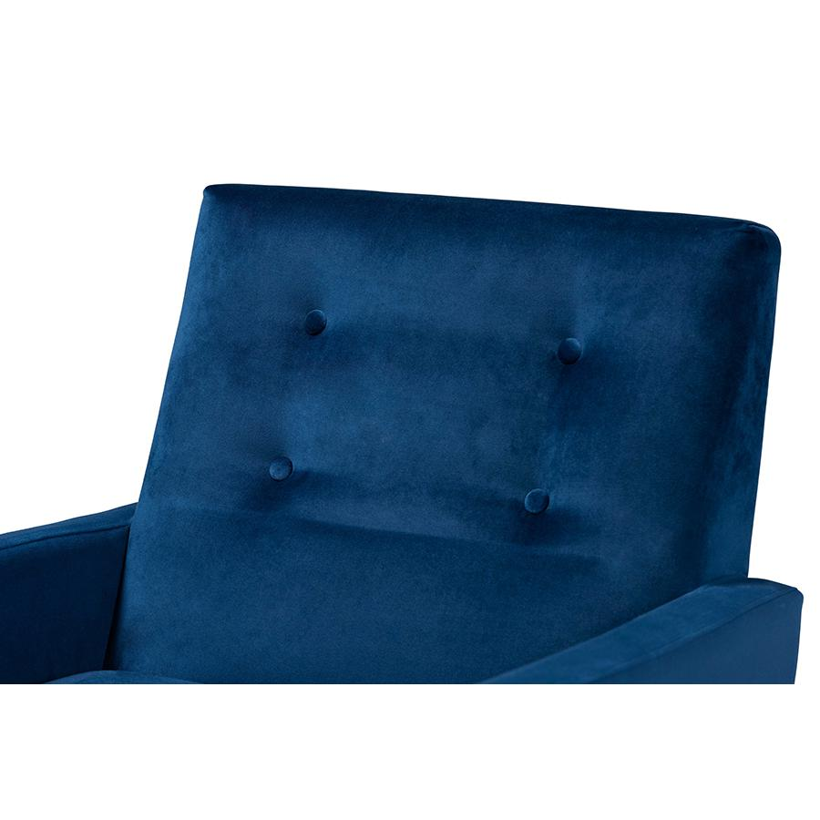 Perris Mid-Century Modern Navy Blue Velvet Fabric Upholstered and Walnut Brown Finished Wood Lounge Chair