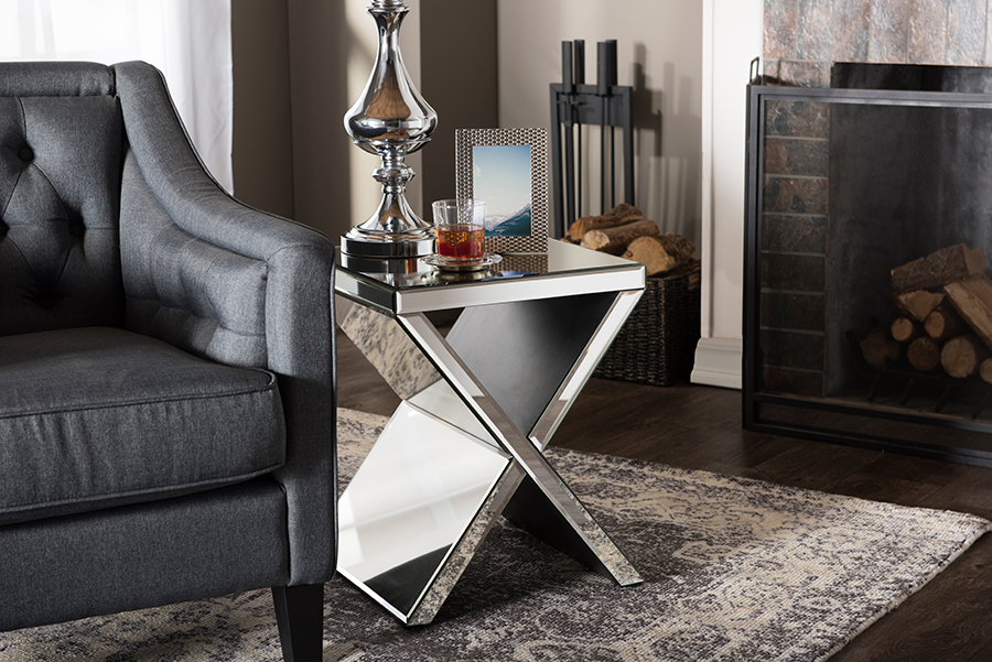 Morris Hollywood Regency Glamour Accent Side Table "Silver" Mirrored