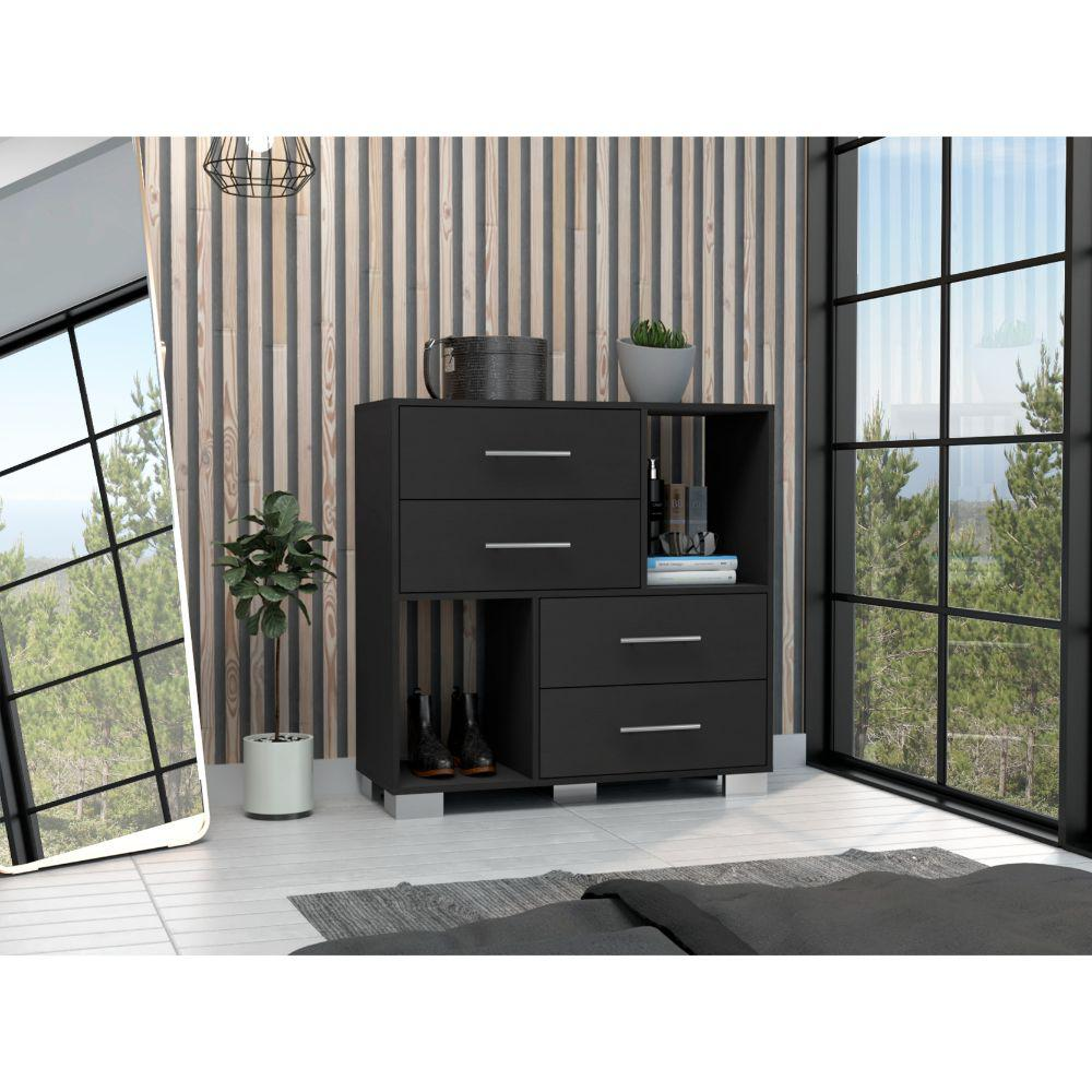 DEPOT E-SHOP Fountain Dresser, Two Open Shelves, Four Drawers-Black, For Bedroom