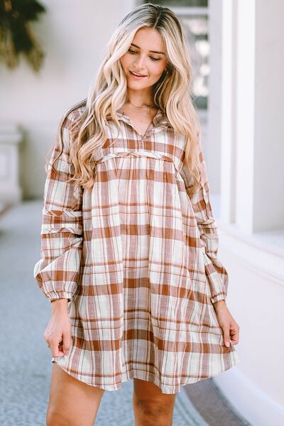 Plaid Long Sleeve Babydoll Mini Dress Plaid Long Sleeve Babydoll Mini Dress