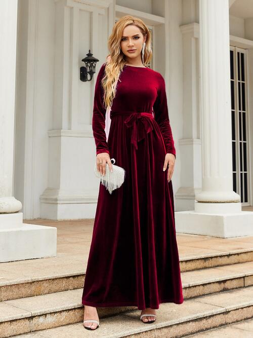 Tie Front Round Neck Long Sleeve Maxi Dress Tie Front Round Neck Long Sleeve Maxi Dress