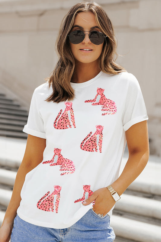 Sequin Leopard Round Neck Short Sleeve T-Shirt