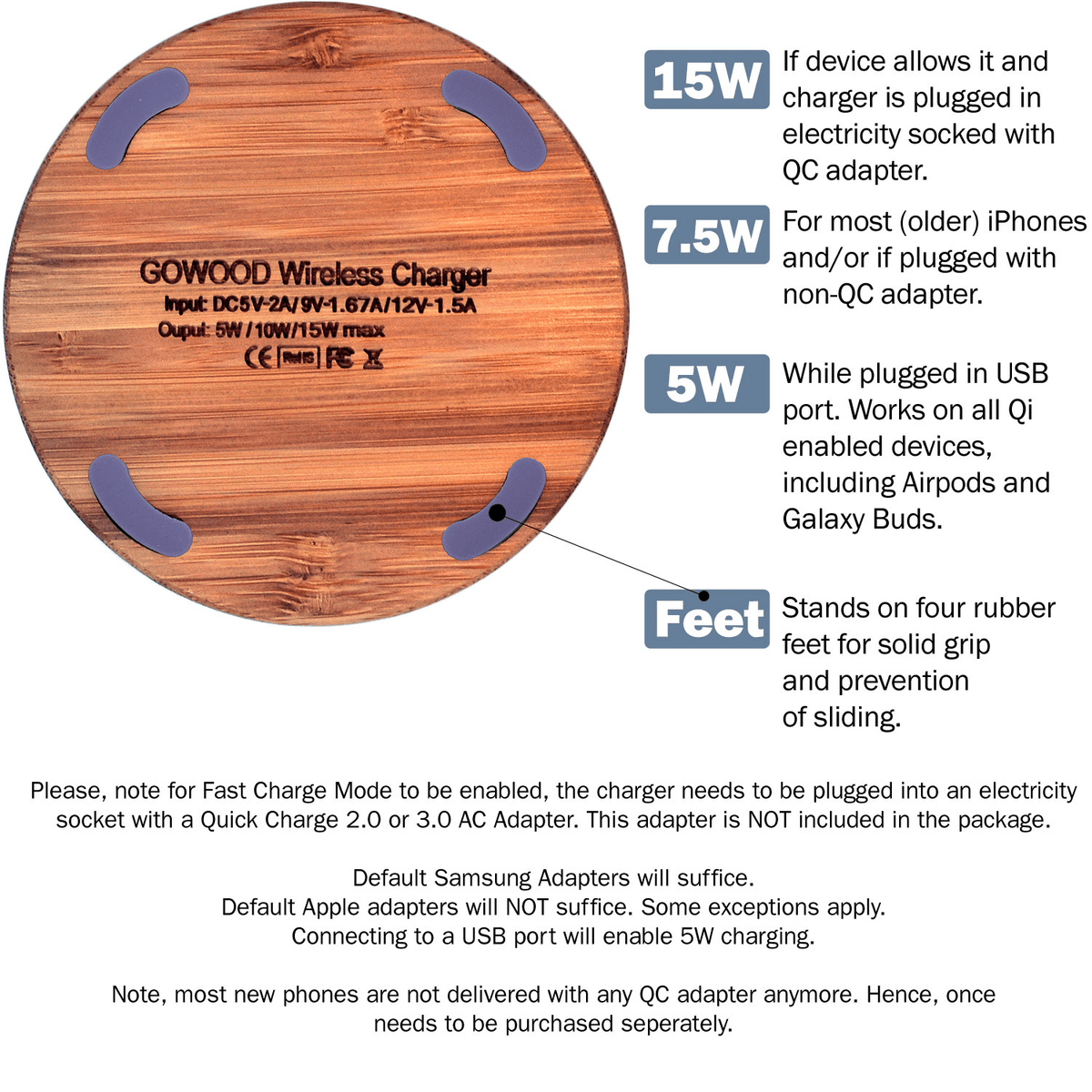 15W Fast Charge Bamboo Wood Wireless Charger - Mervyns