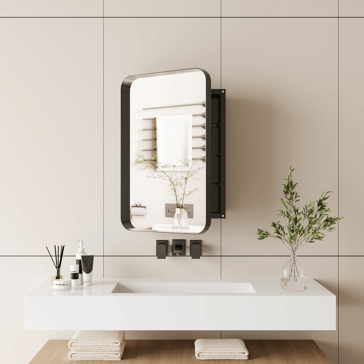 16x24 Inch Recessed Black Metal Framed Medicine Cabinet with Mirror and Adjustable Shelves Black Wall Mirror with Storage for Bathroom - Mervyns