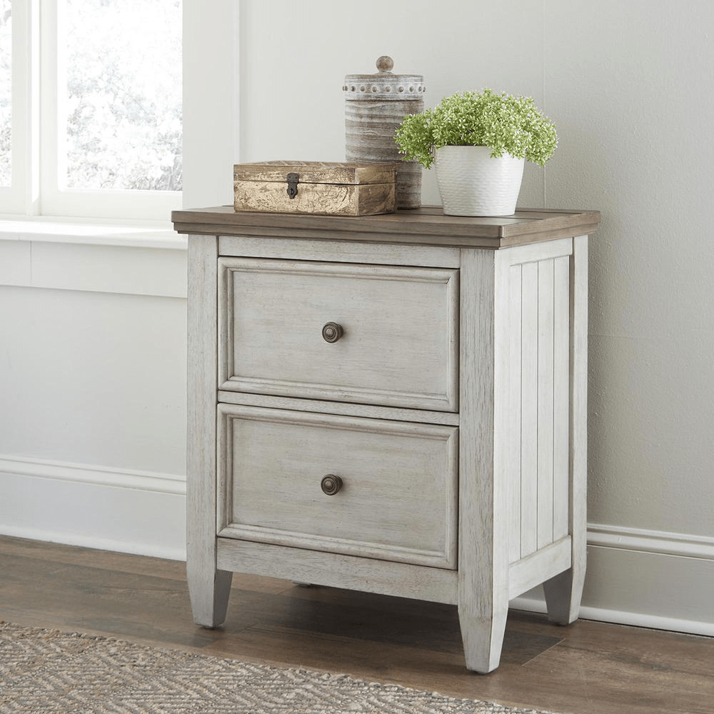 2 Drawer Night Stand w/ Charging Station, Antique White Finish w/ Tobacco Tops - Mervyns