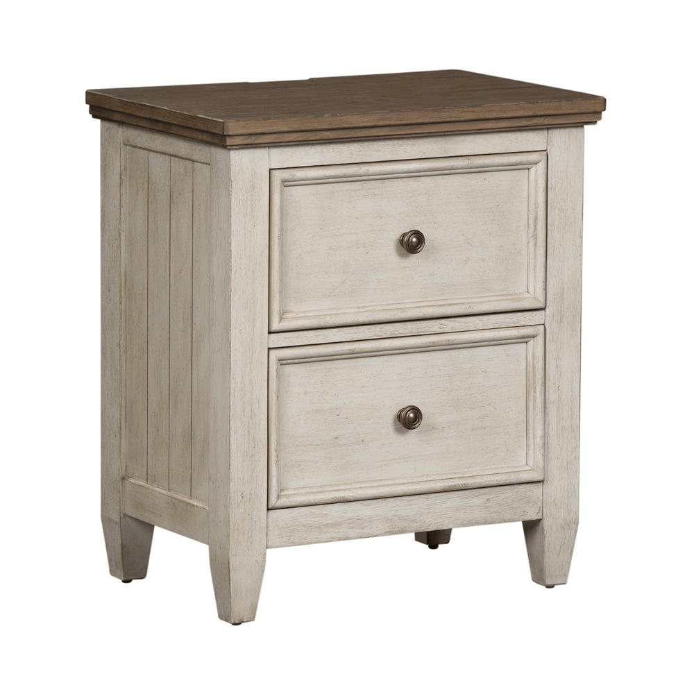 2 Drawer Night Stand w/ Charging Station, Antique White Finish w/ Tobacco Tops - Mervyns