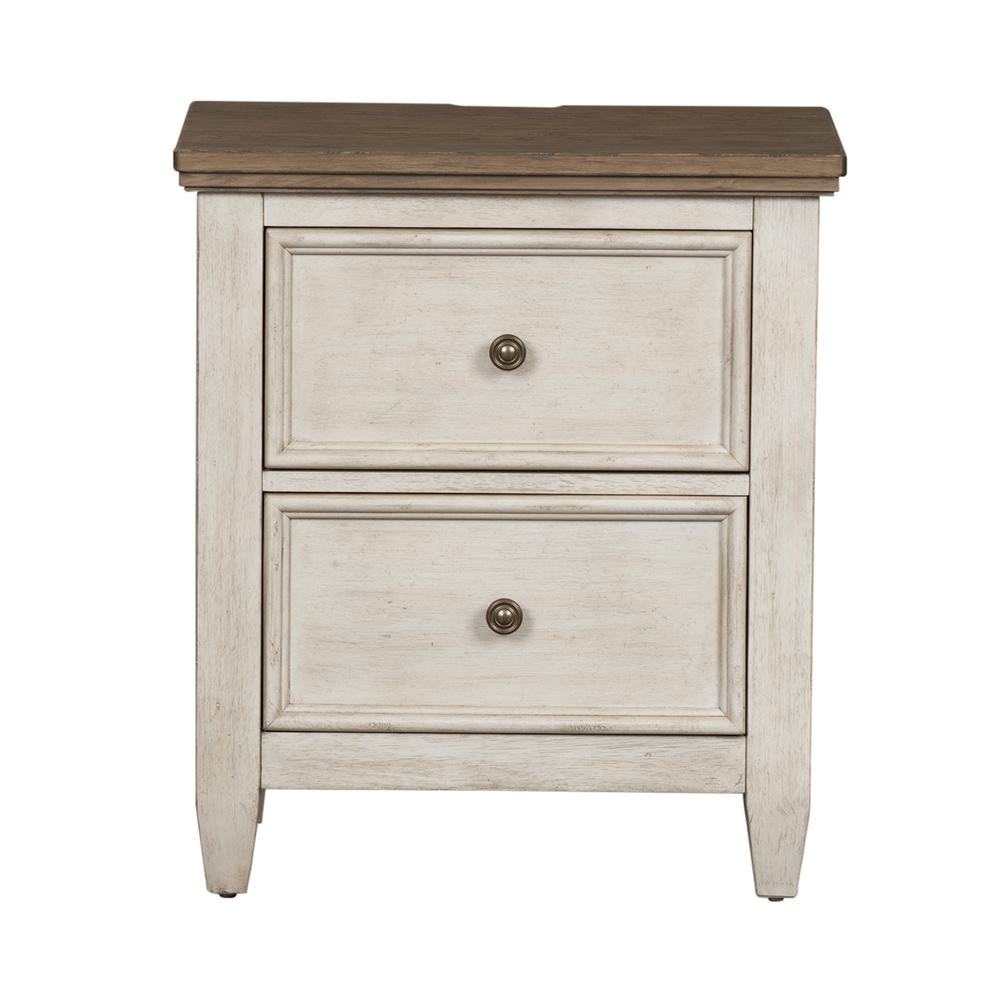 2 Drawer Night Stand w/ Charging Station, Antique White Finish w/ Tobacco Tops - Mervyns