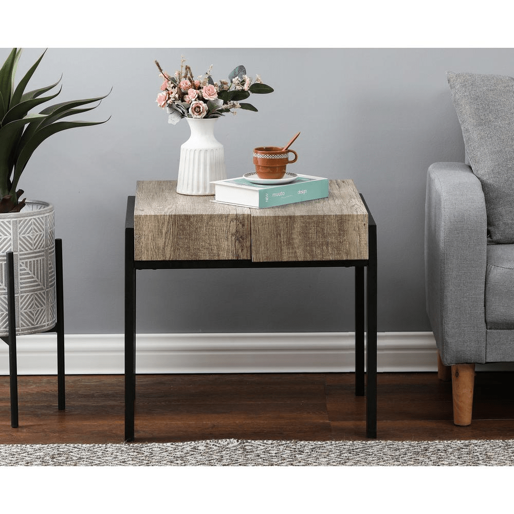 20" H Engineered Wood and Metal Side Table, Rustic Oak - Mervyns