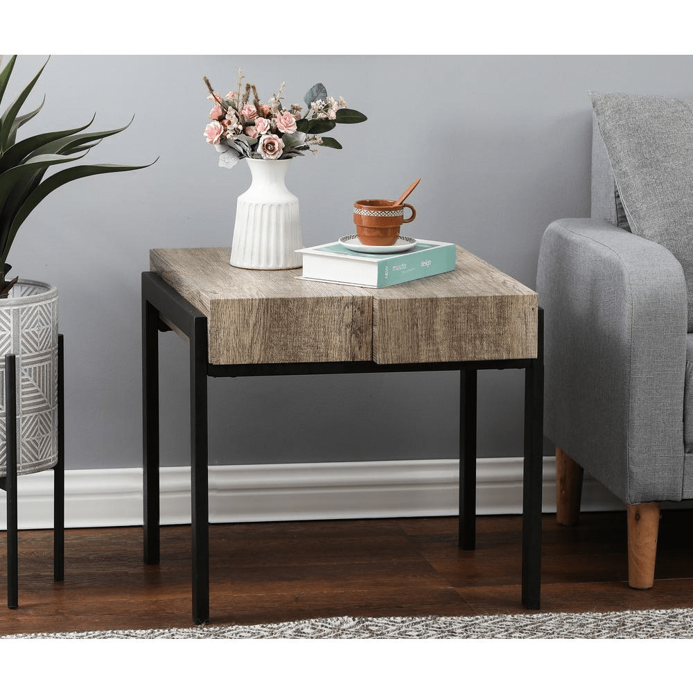 20" H Engineered Wood and Metal Side Table, Rustic Oak - Mervyns