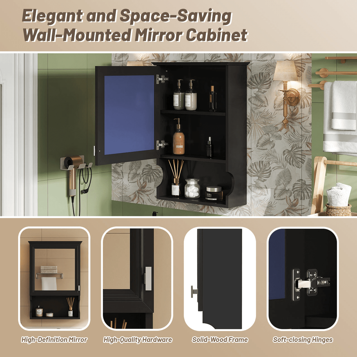 20'' Wall Mounted Bathroom Storage Cabinet with Mirror, Wall Mounted Home Storage with Door, Mirrored Wall Medicine Cabinet - Mervyns