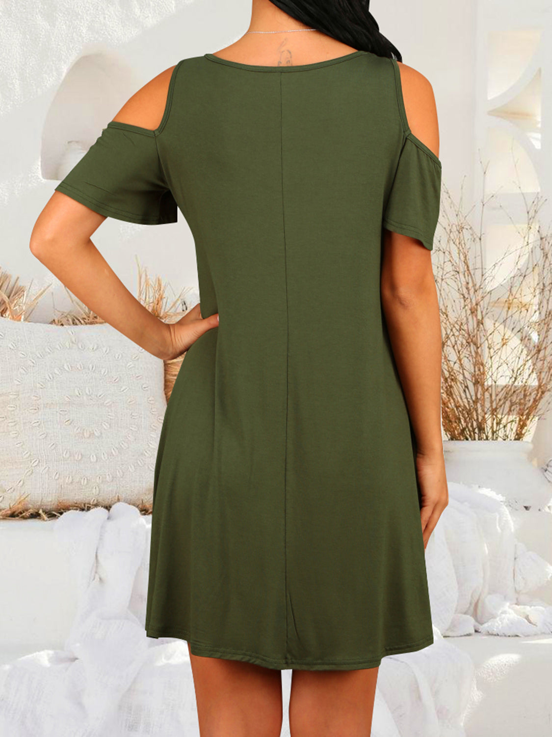 Round Neck Cold Shoulder Short Sleeve Dress