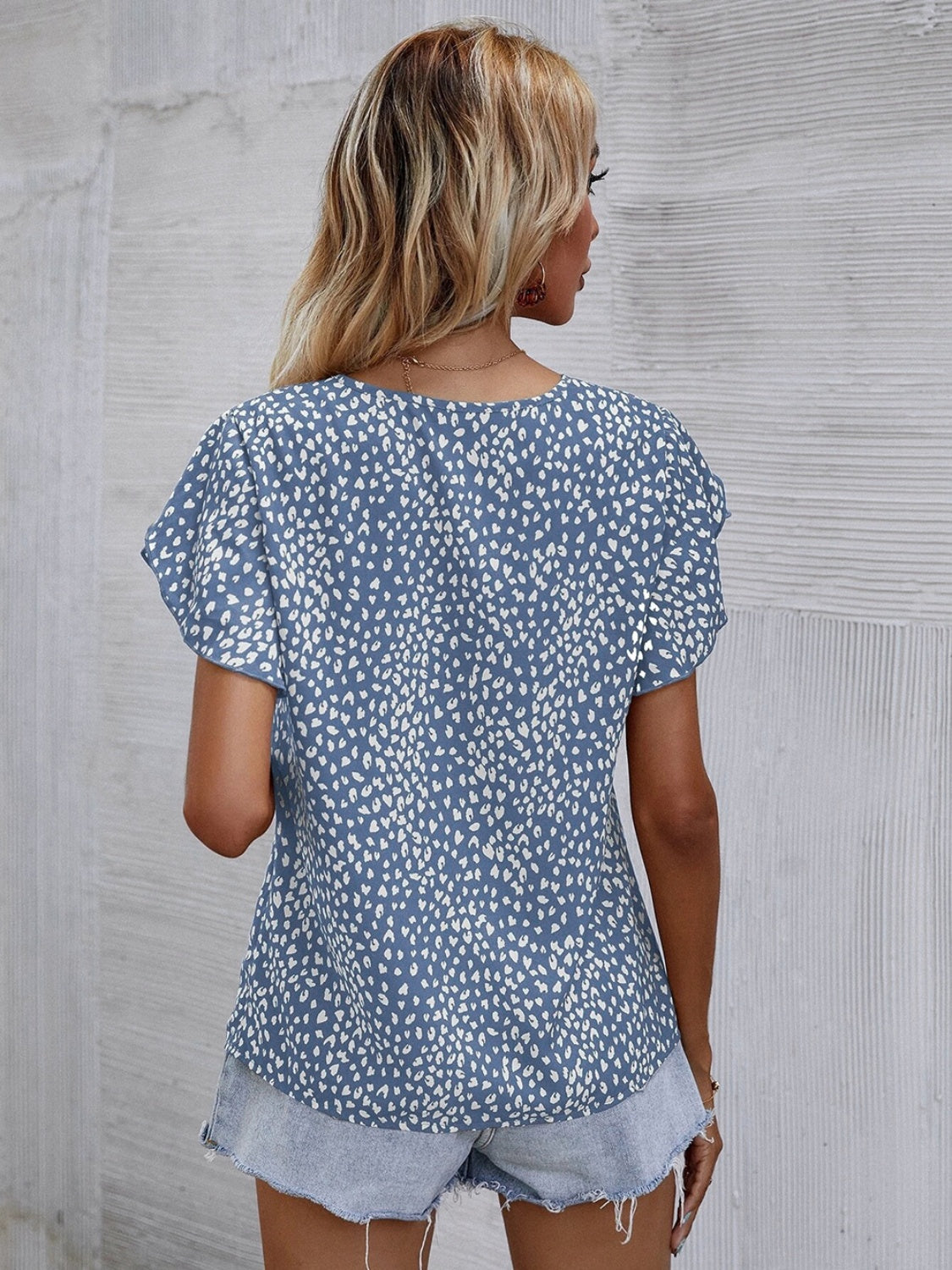 Printed V-Neck Petal Sleeve Blouse