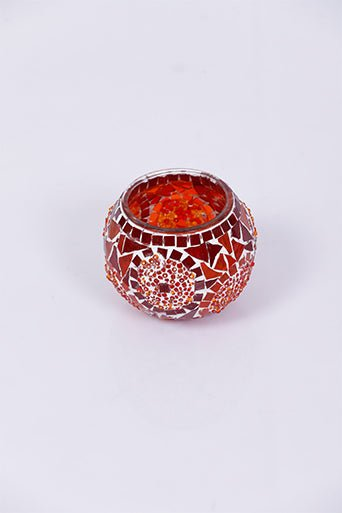 Red Large Circle Mosaic Glass Candle Holder - Luxury Turkish Handmade Moroccan Mid Century Candle Holder