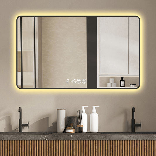 29x39 Black frame wall mirror with rounded corners vanity mirror, temperature display, tri color light, defogging, high-quality aluminum alloy frame, high-definition tempered glass - Mervyns