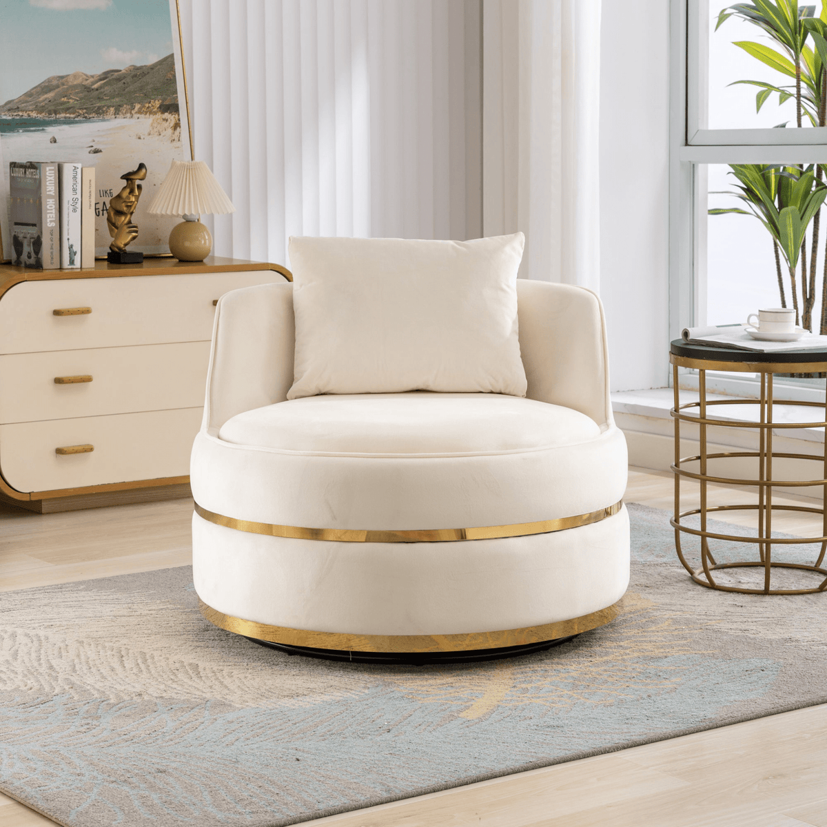 360 Degree Swivel Accent Chair Velvet Modern Upholstered Barrel Chair Over-Sized Soft Chair with Seat Cushion for Living Room, Bedroom, Office, Apartment (Old SKU:WF306867AAA), Beige - Mervyns