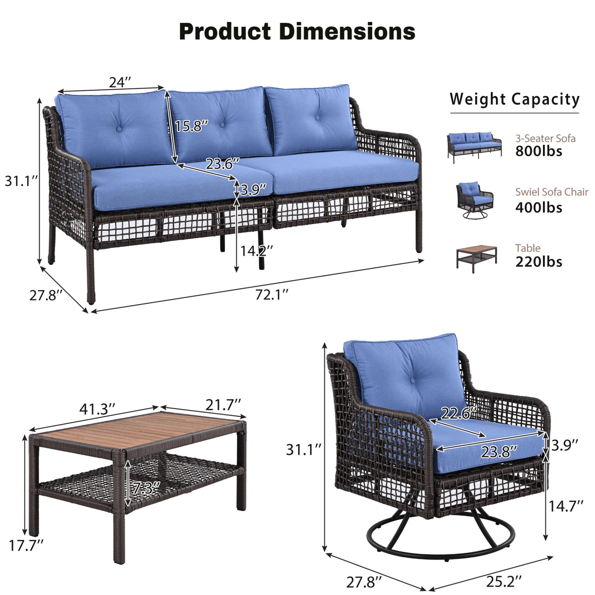 4 Pieces Patio Furniture Set with Swivel Chairs, Outdoor Wicker Sofas for 5-person, Sectional Rattan Outdoor Conversation Set for Poolside Backyard Deck, Blue - Mervyns