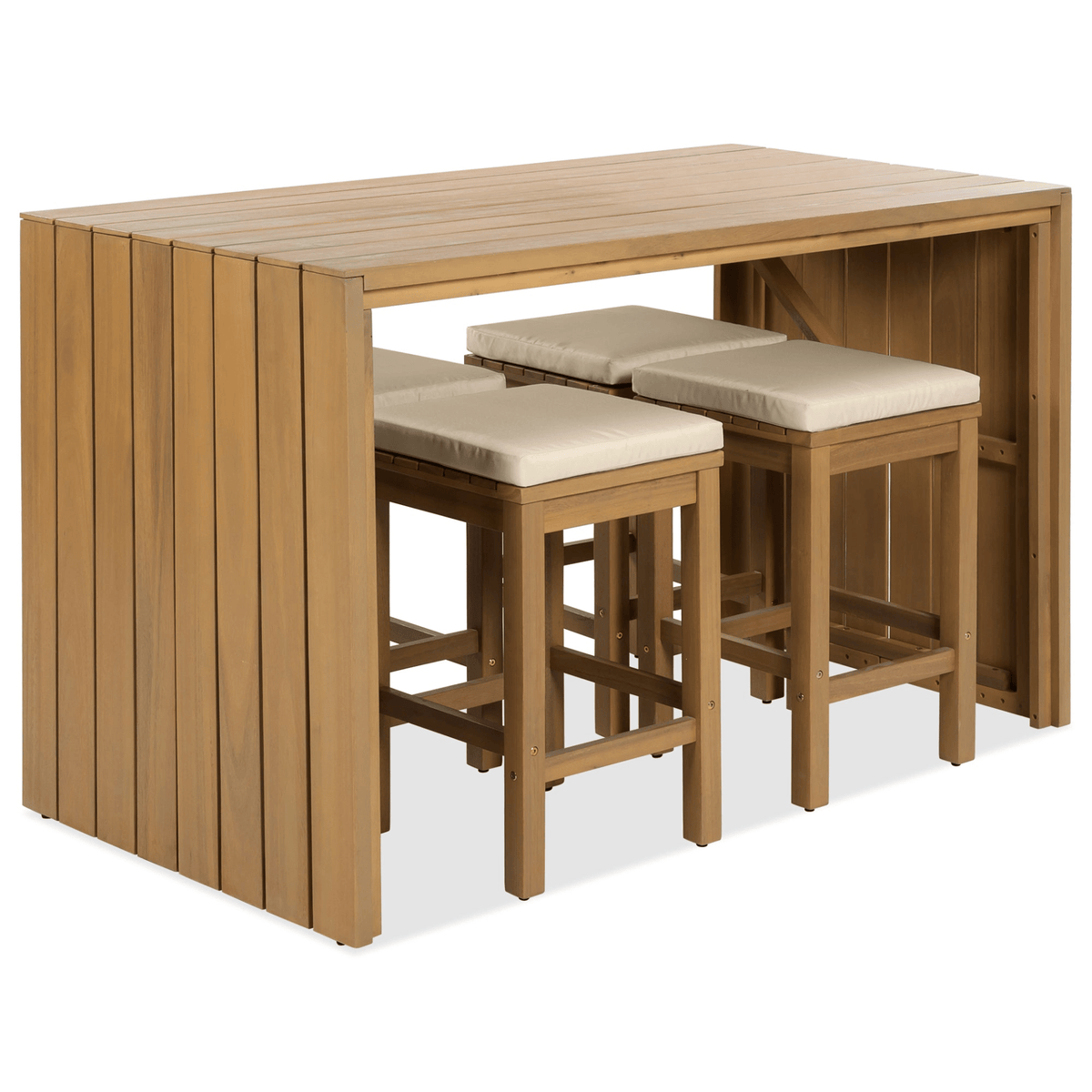 5 Piece Outdoor Bar Set, Patio Acacia Wood Bar Height Table & Four Stools with Cushions, Wood Dining Bar Set for Backyard, Poolside, Balcony, Beige - Mervyns