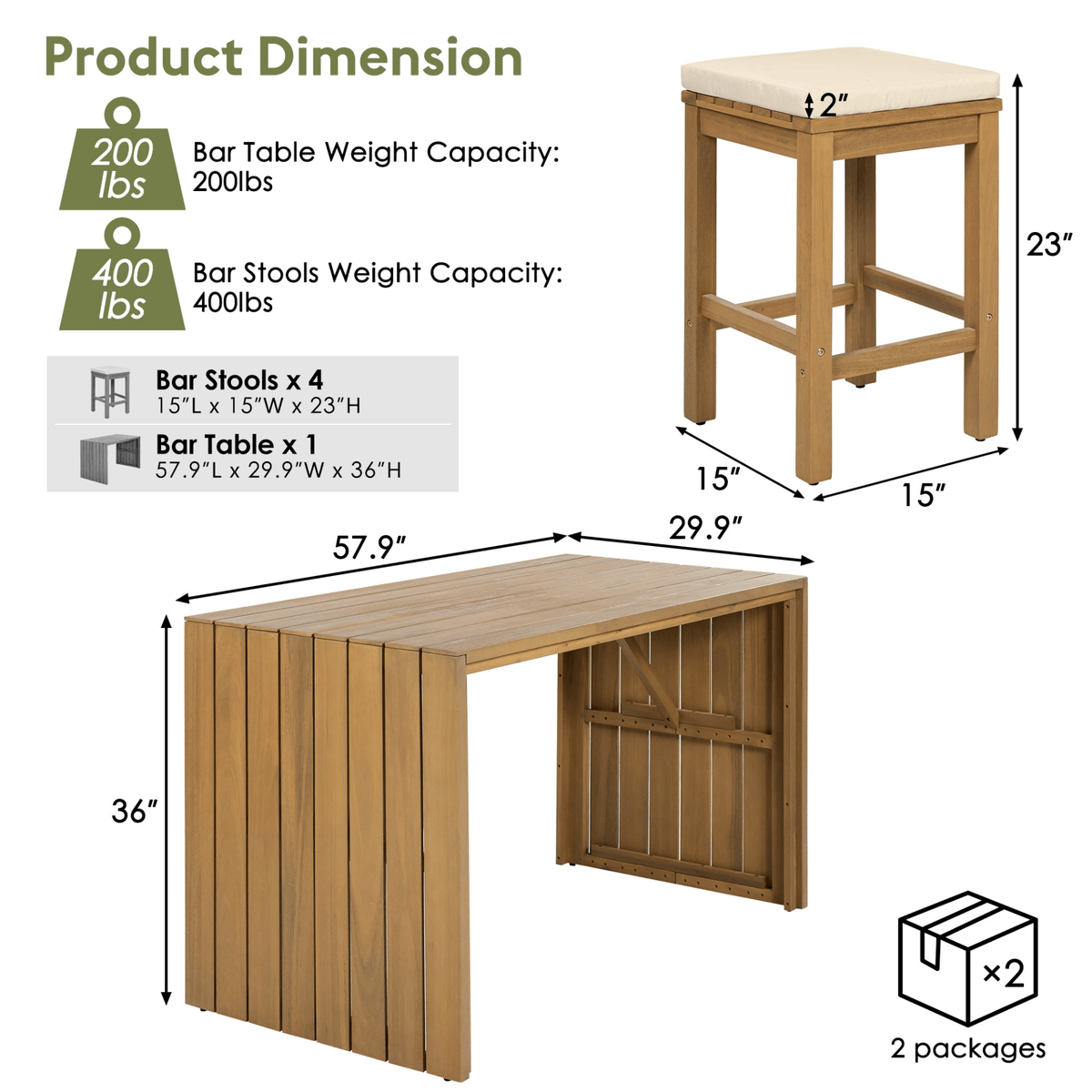 5 Piece Outdoor Bar Set, Patio Acacia Wood Bar Height Table & Four Stools with Cushions, Wood Dining Bar Set for Backyard, Poolside, Balcony, Beige - Mervyns