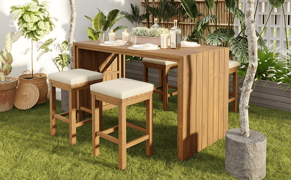 5 Piece Outdoor Bar Set, Patio Acacia Wood Bar Height Table & Four Stools with Cushions, Wood Dining Bar Set for Backyard, Poolside, Balcony, Beige - Mervyns