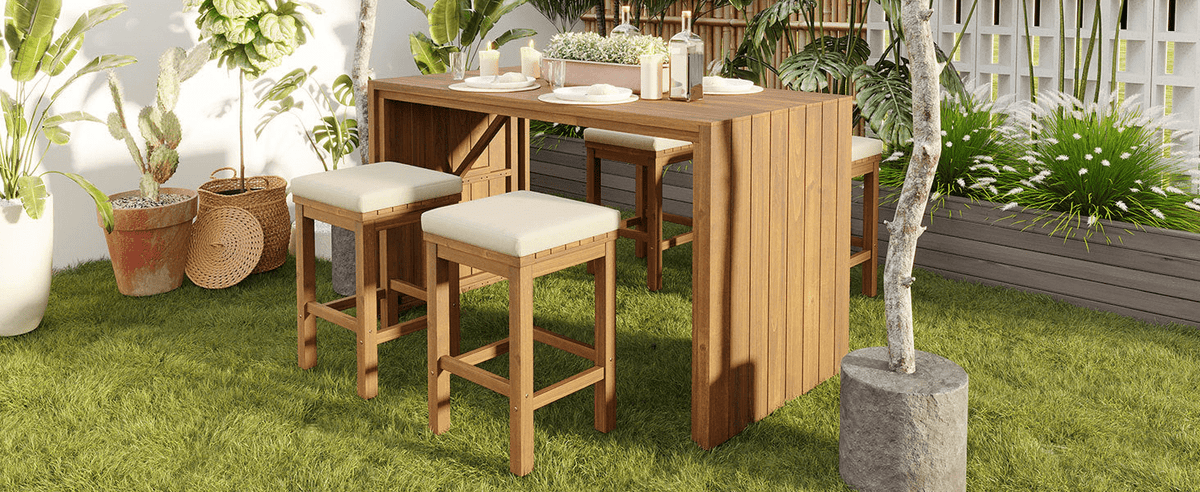 5 Piece Outdoor Bar Set, Patio Acacia Wood Bar Height Table & Four Stools with Cushions, Wood Dining Bar Set for Backyard, Poolside, Balcony, Beige - Mervyns